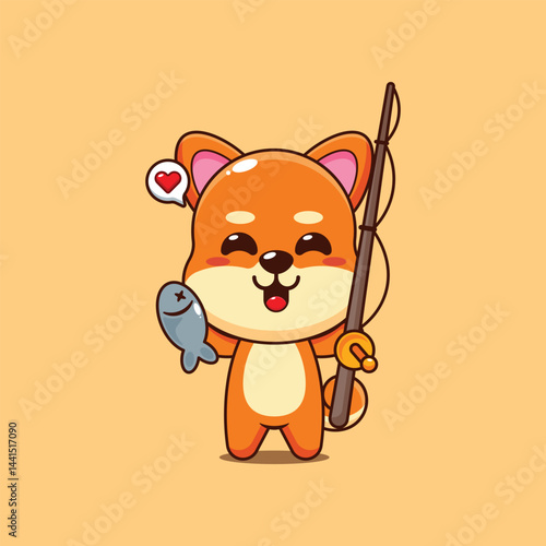 Cute shiba inu cartoon vector illustration catching fish with fishing rod
