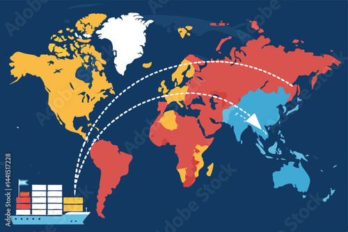 Generate a minimalist vector illustration of a simplified world map highlighting major global trade routes and connections.  Focus on clean lines and bold colors.