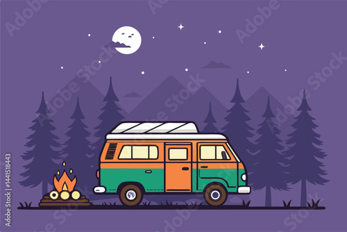 A vibrant vector illustration of a retro campervan parked beside a crackling campfire at a serene forest campsite, under a starry night sky.