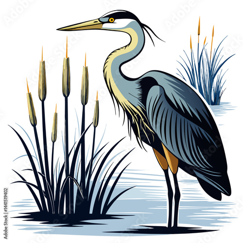 Great blue heron standing amidst tall grasses by the water in a detailed illustration