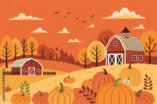 Create a vibrant vector illustration of a fall harvest farm scene, featuring a bountiful pumpkin patch, rustic farm buildings, and autumnal foliage.