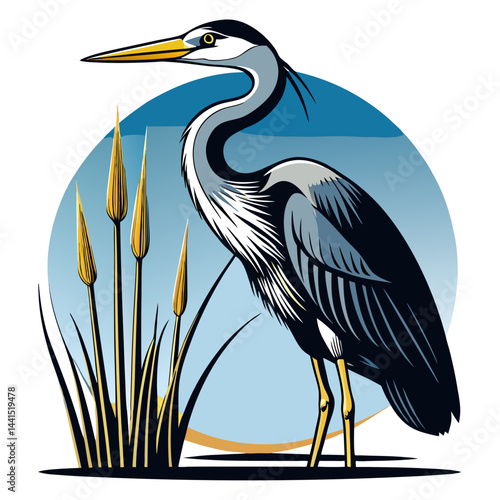 Great blue heron standing amidst tall grasses by the water in a detailed illustration