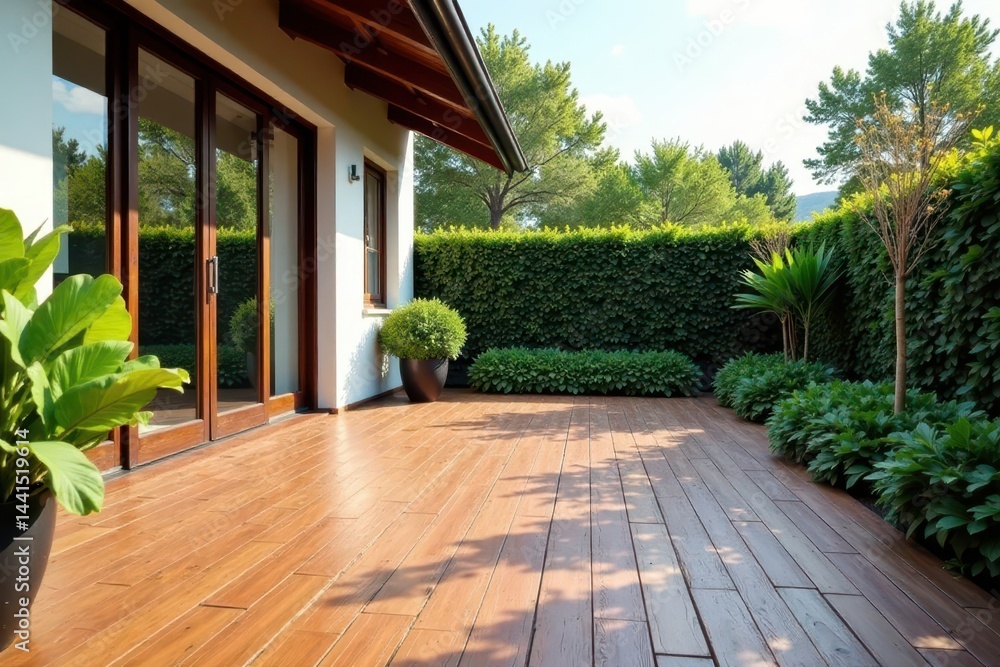 Fototapeta premium Renovated terrace, brown plastic composite floor, renovated, construction, building