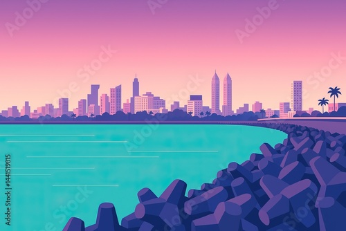Vector illustration of Mumbai’s Marine Drive skyline at sunset, with tetrapods in the foreground and skyscrapers in the background, in a stylized color palette.
