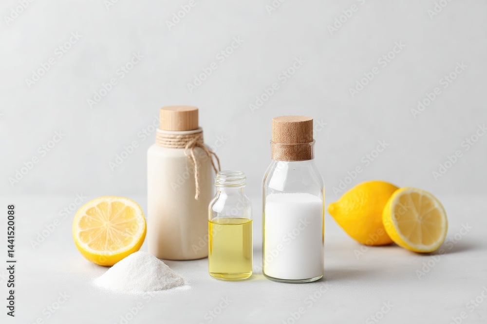 neutral backdrop highlights diy eco-friendly cleaners in minimalist bottles with copy space above and to side neutral backdrop highlights diy eco-friendly cleaners in minimalist bottles with copy space above and to side