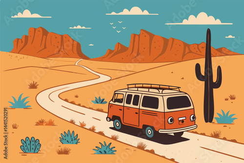 Create a vibrant vector illustration of a retro van on a scenic road trip, showcasing mountainous landscapes and a clear blue sky.