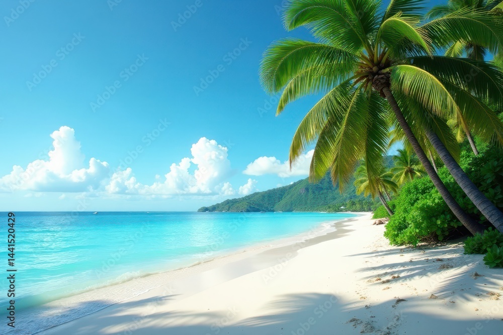 Fototapeta premium Lush palm trees fringe a pristine, sandy beach on a tropical island , escape, tropical beach, shoreline
