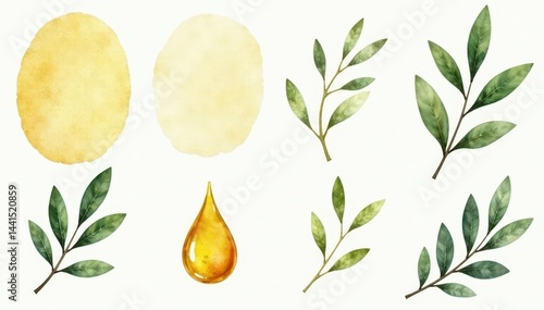 Vibrant watercolor olive branch & oil drop badges , jar, spain