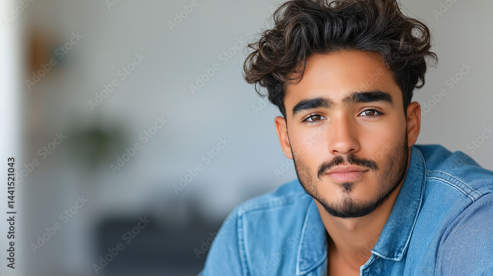 Young man smiling confidently in a modern indoor setting Young man smiling confidently in a modern indoor setting
