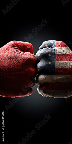 Obraz na płótnie This striking image features two boxing gloves, one red and one adorned with the American flag, symbolizing a powerful confrontation of ideals and perspectives in American culture. w salonie