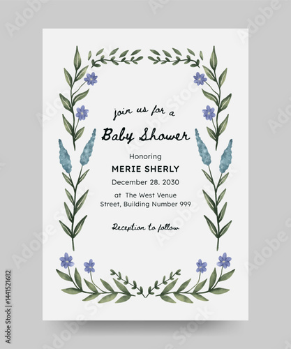 Baby shower invitation with floral frame illustration. Perfect for card, poster, flyer