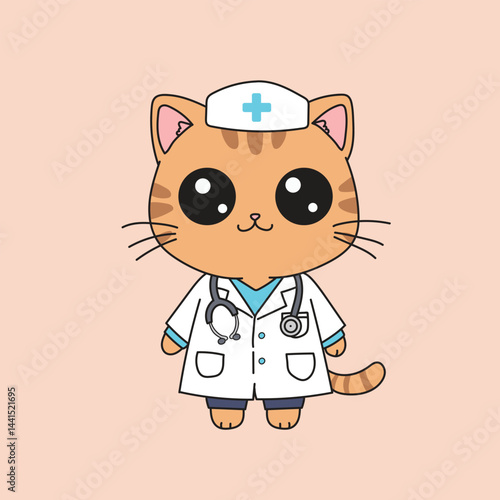 Cute orange cat wearing a doctor uniform and stethoscope. Cartoon medical character illustration.