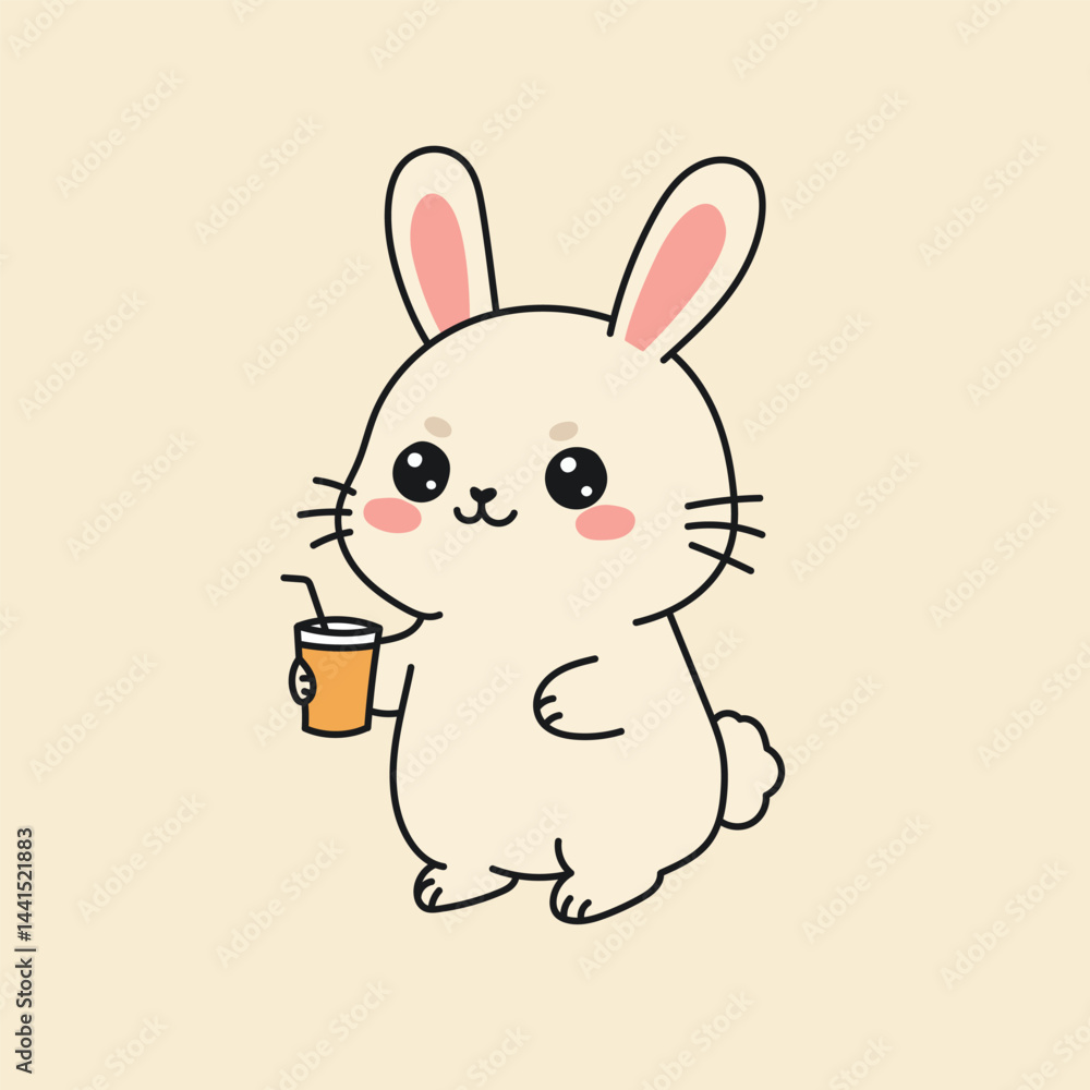 Obraz premium Cute cartoon bunny holding a drink with a straw. Kawaii style character, standing and smiling, isolated on pastel background.