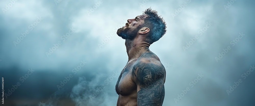 Fototapeta premium Muscular man with tattoos gazes upward into cloudy sky, breathing smoke