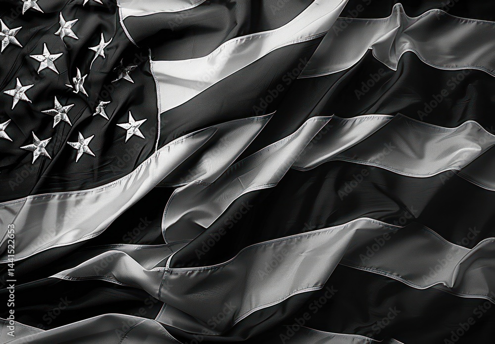 close-up of a waving fabric flag with stars and stripes in black and white showing texture and movement