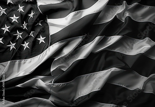 Obraz na płótnie close-up of a waving fabric flag with stars and stripes in black and white showing texture and movement w salonie