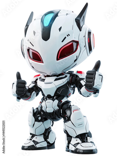 A cute robotic character with red eyes giving thumbs up, white isolate background.