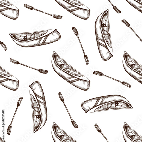 Hand drawn vintage seamless pattern of canoes and paddles for river rafting, outdoor adventure and camping designs, classic retro sketch