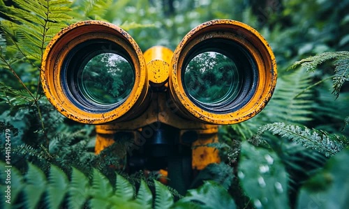 A vibrant yellow pair of binoculars nestled among lush green ferns in a dense forest