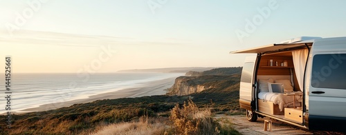 Digital nomads working by the beach, beachside workspace for digital nomads. A scenic view of a camper van parked by the coastline at sunset, perfect for adventure seekers and nature lovers.