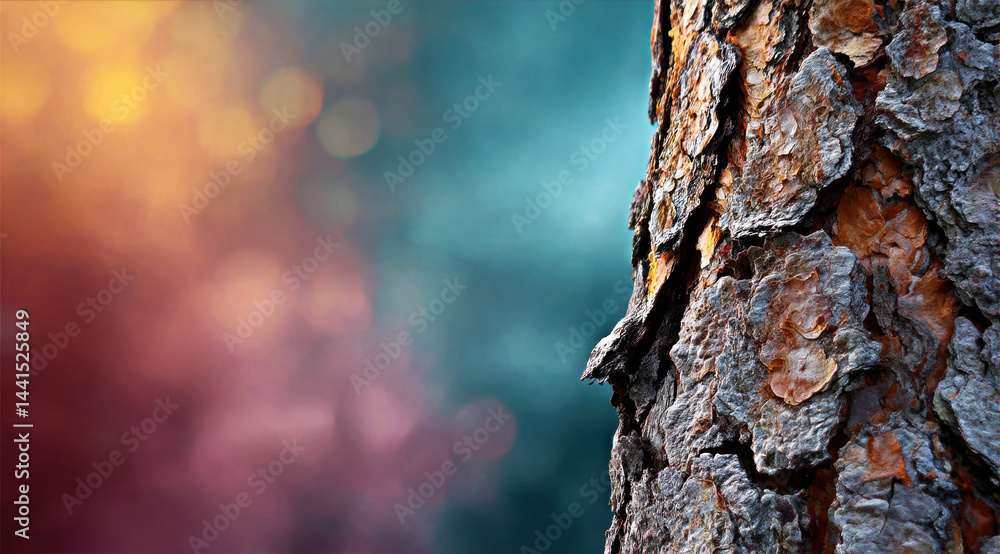 This captivating close-up showcases the intricate texture of tree bark against a beautifully blurred, colorful background, emphasizing nature's unique artistry and the serenity it offers.