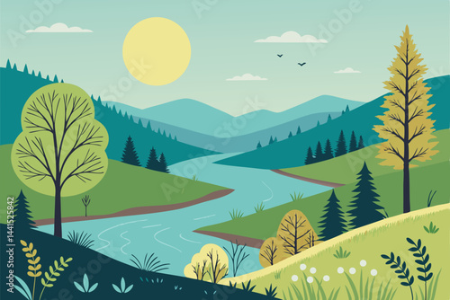 Create a vector illustration of a vibrant spring river valley using only solid, flat greens.  Depict rolling hills and a meandering river.