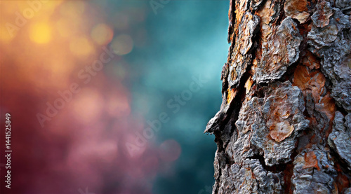 Obraz na płótnie This captivating close-up showcases the intricate texture of tree bark against a beautifully blurred, colorful background, emphasizing nature's unique artistry and the serenity it offers. w salonie