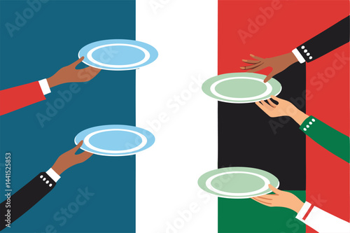 Create a vibrant vector pattern showcasing diverse hands passing dishes of various foods, emphasizing sharing and community.