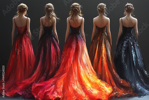 Five women in elaborate gowns of fiery hues.