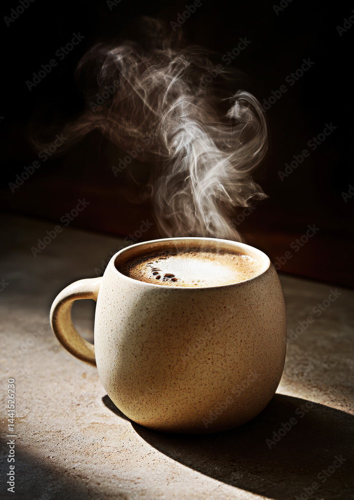 A beautifully crafted ceramic cup of coffee emits delicate wisps of steam against a dark backdrop, creating an inviting and cozy atmosphere.