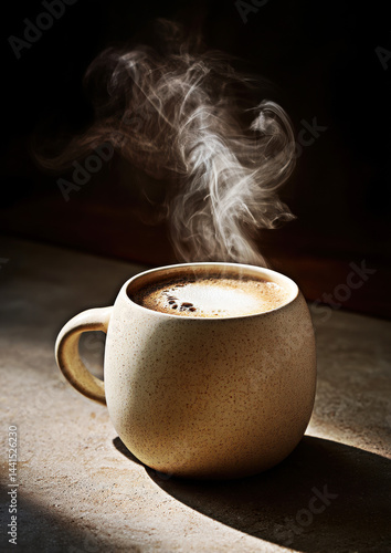 Obraz na płótnie A beautifully crafted ceramic cup of coffee emits delicate wisps of steam against a dark backdrop, creating an inviting and cozy atmosphere. w salonie