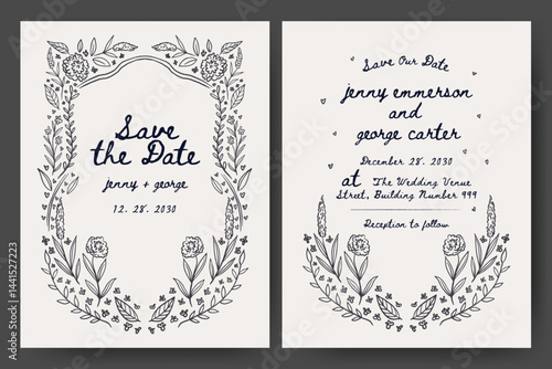 Wedding invitation with hand drawn floral illustration. floral frame line art style. Perfect for card, poster, flyer