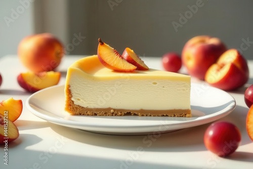 A delectable slice of creamy cheesecake, adorned with fresh peach slices, rests on a pristine white plate, surrounded by additional ripe peaches, creating a summery dessert tableau.