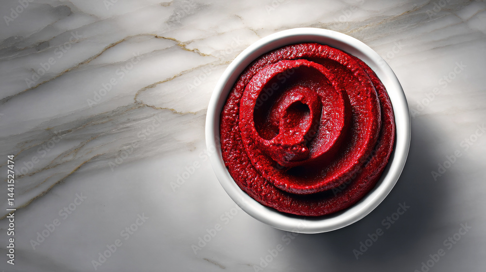 A rich, red swirl of tomato paste in a white bowl, set against a marble background.