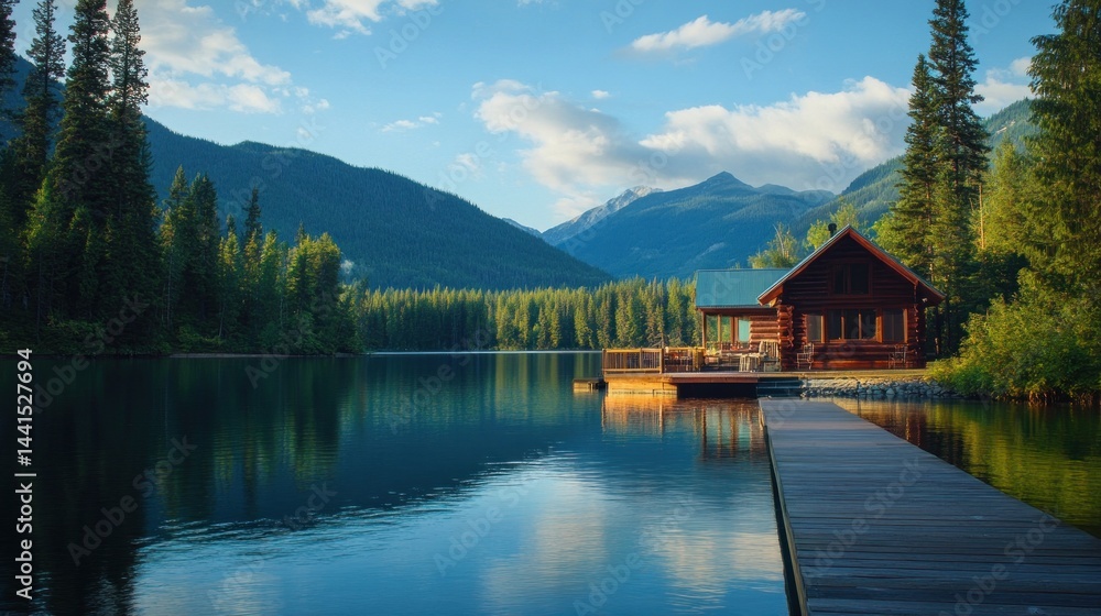 Fototapeta premium Serene Lakeside Cabin Retreat in the Majestic Mountains