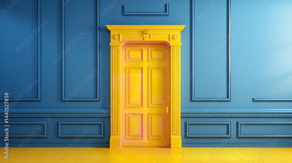 Abstract interior with a yellow door and blue backdrop and empty space, Generative AI. Abstract interior with a yellow door and blue backdrop and empty space, Generative AI.