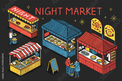 Create a vibrant vector illustration of a bustling night market overhead view, showcasing diverse food stalls, happy crowds, and glowing lanterns.  Include intricate details and a lively atmosphere.