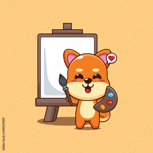 Cute shiba inu cartoon vector illustration wants to paint on canvas