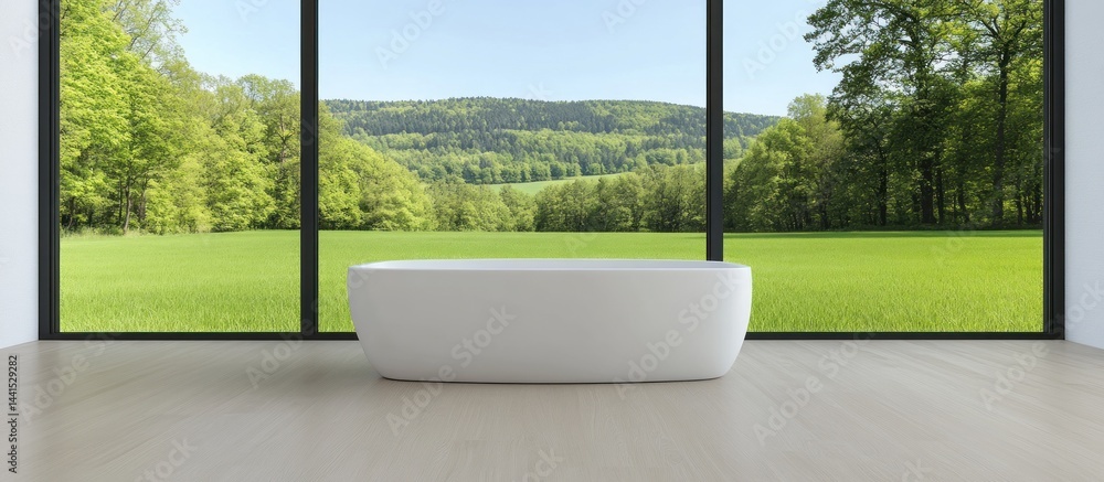 Serene Bathroom with Stunning Nature View: Modern Freestanding Tub and Panoramic Window