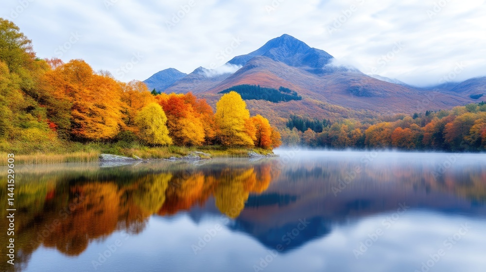 Obraz premium Autumn forest with vibrant orange and yellow foliage reflecting in a calm lake with a mountain peak under a cloudy sky.