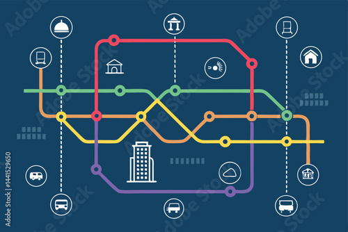 Create a vibrant vector illustration of a subway map layout featuring red colored lines, showcasing various stations and connecting routes.  Include clear typography and a modern aesthetic.