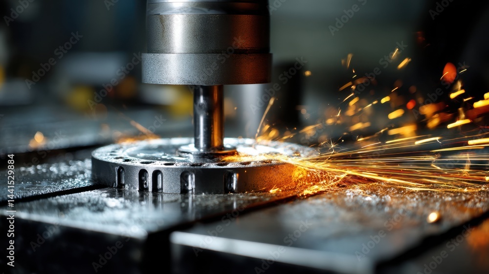 Industrial metal component with precision details and flying sparks in a controlled environment. The close-up shot highlights the intricate features of the component. Industrial metal component with precision details and flying sparks in a controlled environment. The close-up shot highlights the intricate features of the component.