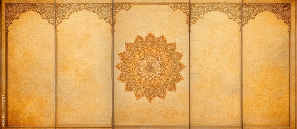 Antique Islamic Mandala Panel:  Ornate Golden Archways and Floral Design on Aged Parchment