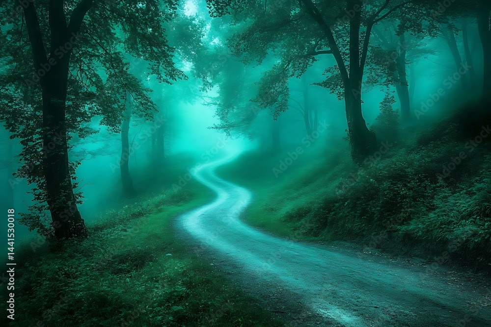 Obraz premium Winding path through misty, emerald forest