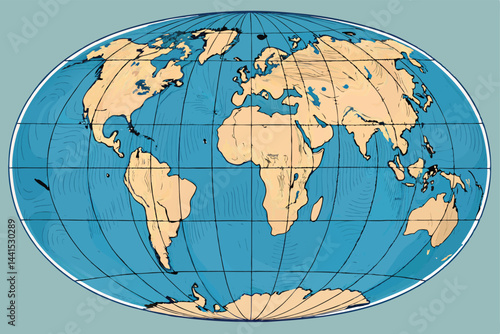 Create a vector illustration of a vintage cutaway globe showcasing internal geographic features, with a solid earth core emphasized.  Style should be detailed and accurate.