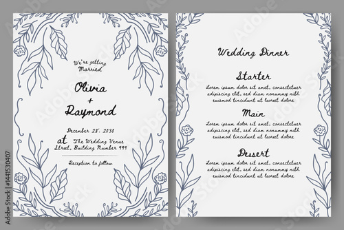 Wedding invitation and menu set with hand drawn floral illustration. floral frame line art style. Perfect for card, poster, flyer