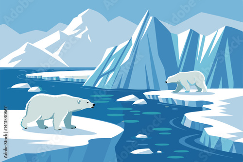 A breathtaking winter arctic landscape showcasing massive icebergs amidst a frozen ocean, with a polar bear partially visible in the distance.