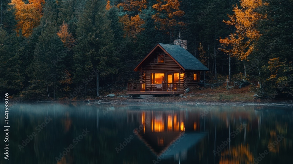 Fototapeta premium Serene Autumn Evening at a Lakeside Cabin
