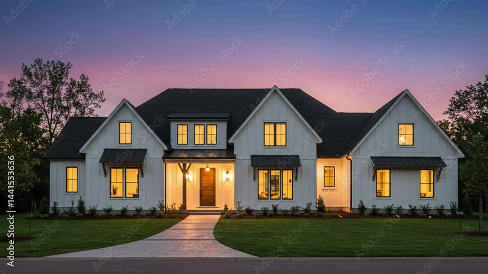 Modern Luxury Home with Symmetrical Design and Sunset Ambiance Modern Luxury Home with Symmetrical Design and Sunset Ambiance