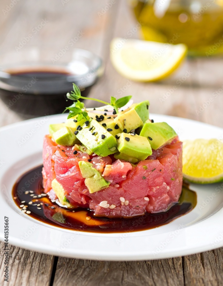 fresh tuna tartare with avocado and soy sauce for a light, umami-packed bite fresh tuna tartare with avocado and soy sauce for a light, umami-packed bite